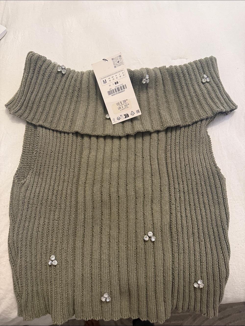 NWT Zara Off-Shoulder Sweater Tank with Embellishments - Olive Green Size M